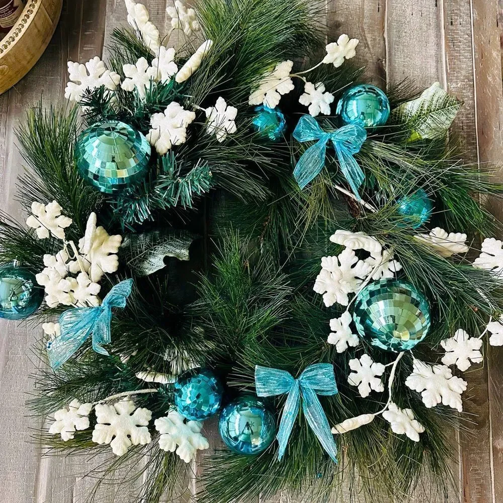 Turquoise Aqua Snowflake Holiday Christmas Pine Wreath